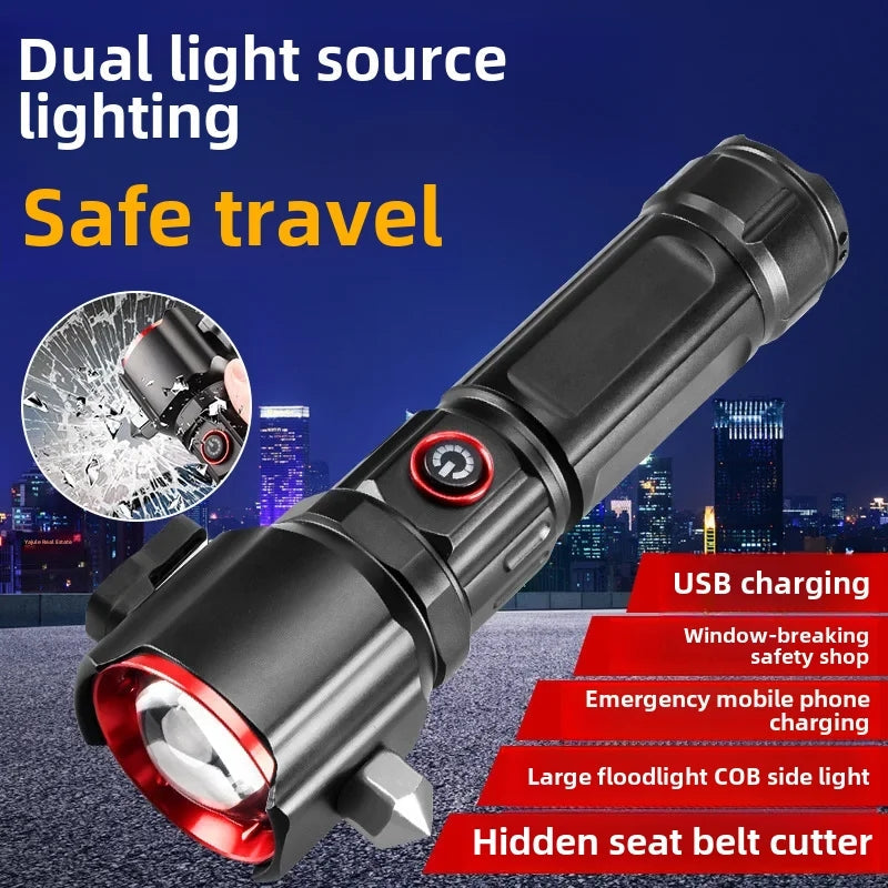 Multifunctional Rechargeable Tactical Flashlight with Telescopic Zoom & Safety Hammer